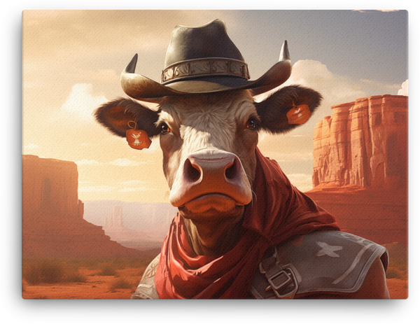 Sheriff Cow in Desert Sunset Canvas Wall Art