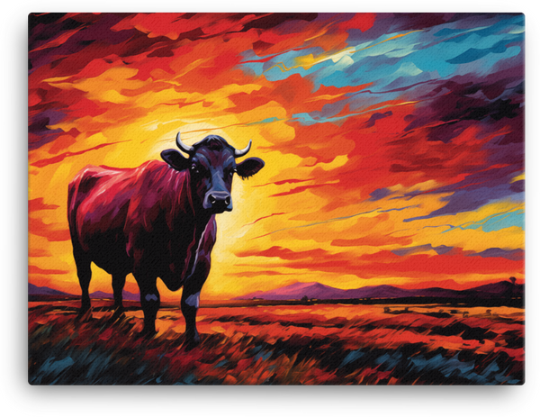 Sundown Blaze Cow Canvas Wall Art