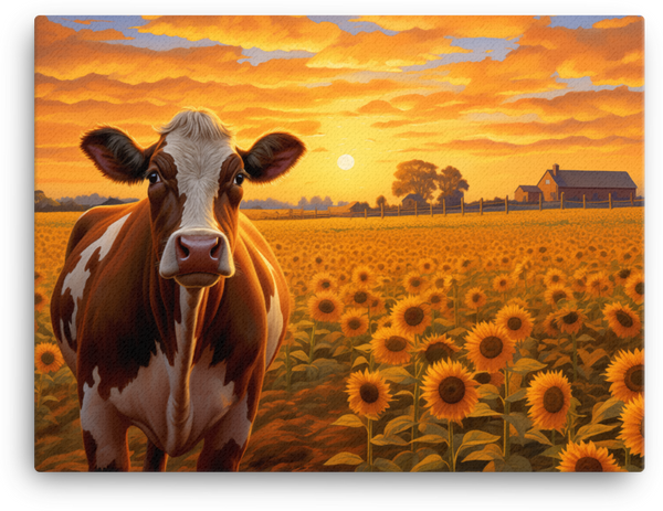 Sunflower Fields Cow Canvas Wall Art