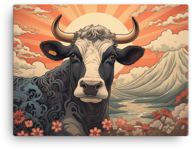 Sunrise Meadow Cow Canvas Wall Art