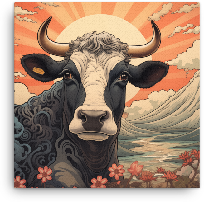 Sunrise Meadow Cow Canvas Wall Art