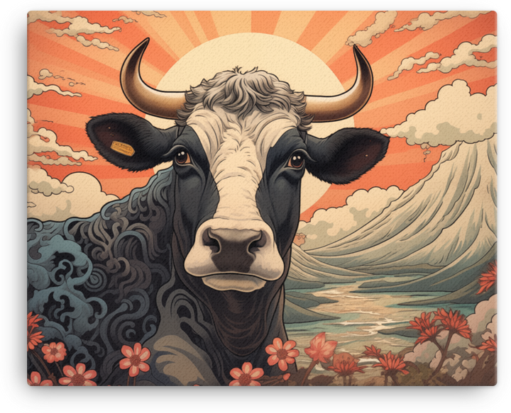 Sunrise Meadow Cow Canvas Wall Art