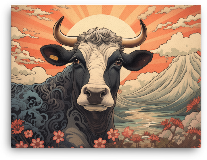 Sunrise Meadow Cow Canvas Wall Art