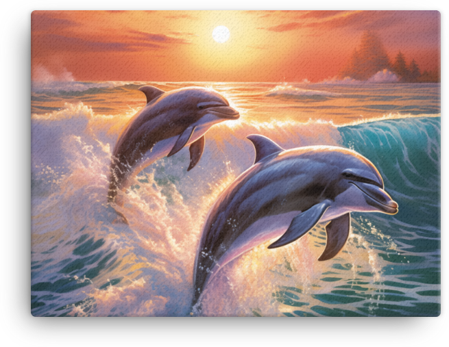Sunset Dolphins Leap Canvas
