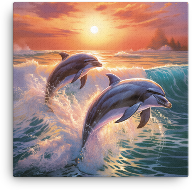 Sunset Dolphins Leap Canvas