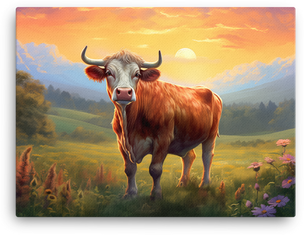 Sunset Meadow Cow Canvas Wall Art