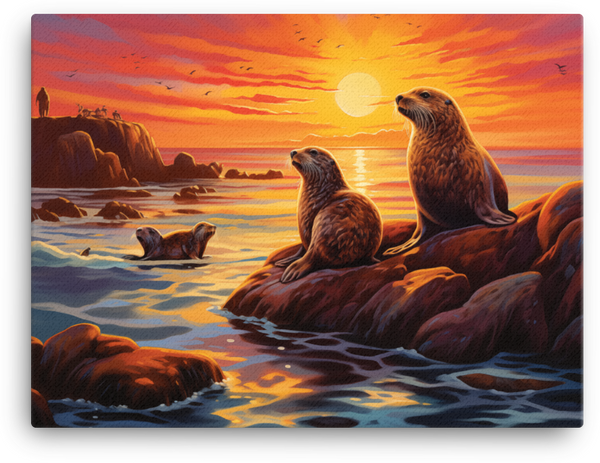 Sunset Otters on Coastal Rocks Canvas wall art