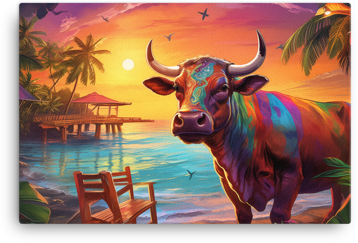 Sunset Serenade Cow Canvas Wall Art