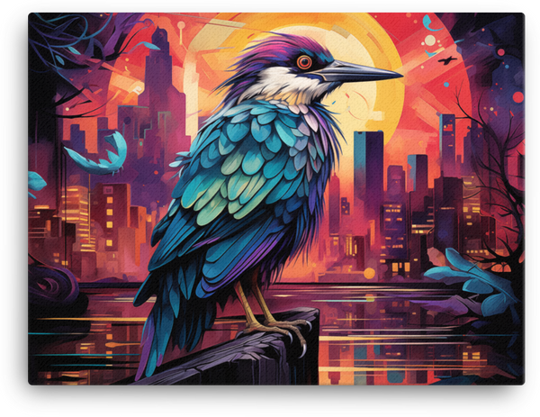Sunset Silhouette Bird and Cityscape Canvas Wall Art