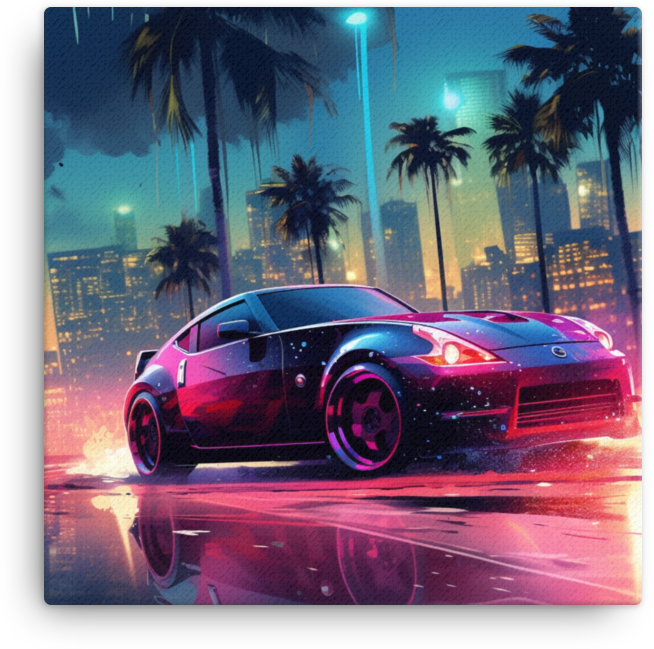 Tropical Neon Nights: Vibrant Car Amidst Cityscape Canvas Ver 2