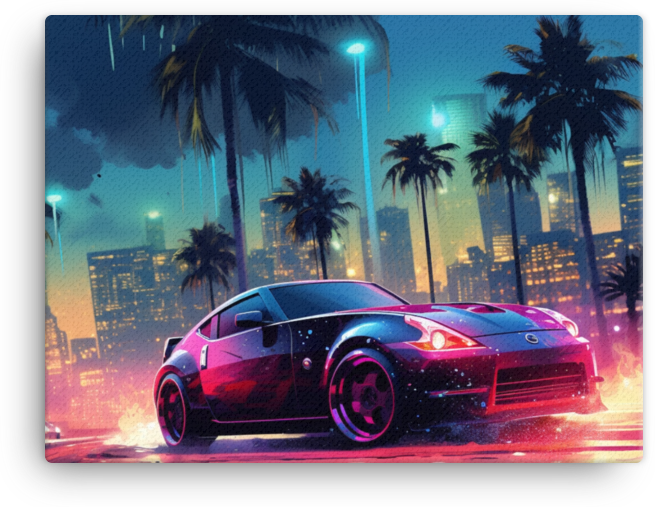 Tropical Neon Nights: Vibrant Car Amidst Cityscape Canvas Ver 2