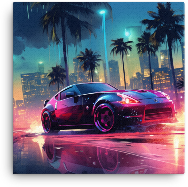 Tropical Neon Nights: Vibrant Car Amidst Cityscape Canvas Ver 2