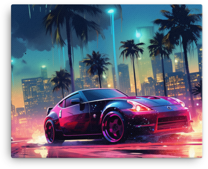 Tropical Neon Nights: Vibrant Car Amidst Cityscape Canvas Ver 2