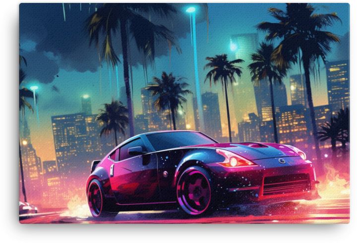 Tropical Neon Nights: Vibrant Car Amidst Cityscape Canvas Ver 2