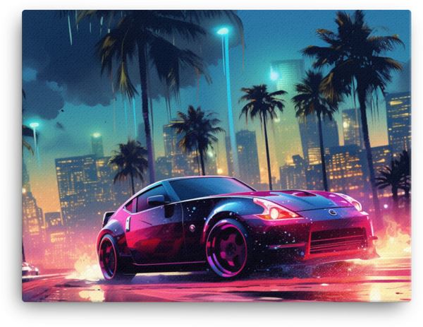 Tropical Neon Nights: Vibrant Car Amidst Cityscape Canvas Ver 2