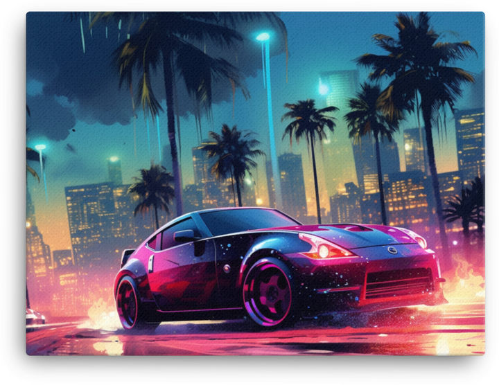 Tropical Neon Nights: Vibrant Car Amidst Cityscape Canvas Ver 2