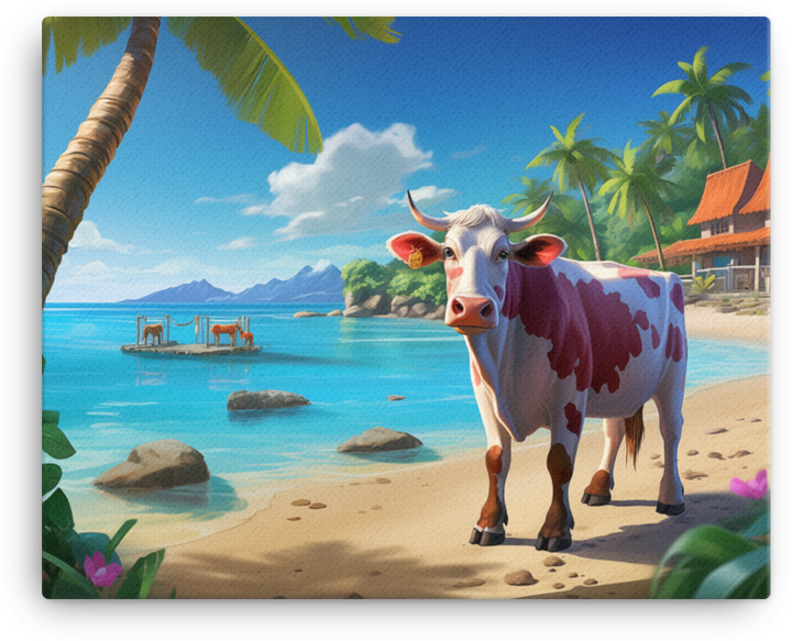 Tropical Paradise Cow Canvas Wall Art