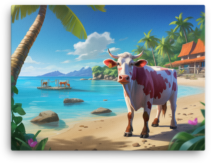 Tropical Paradise Cow Canvas Wall Art