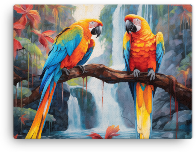 Tropical Parrot Pair Waterfall Oasis Canvas