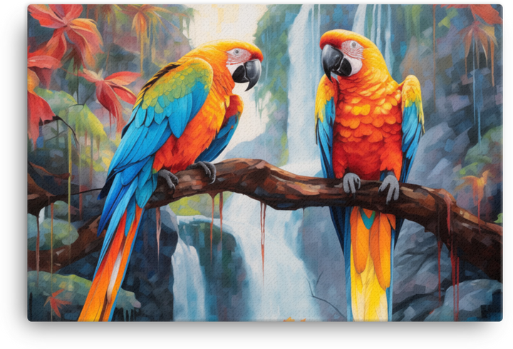 Tropical Parrot Pair Waterfall Oasis Canvas