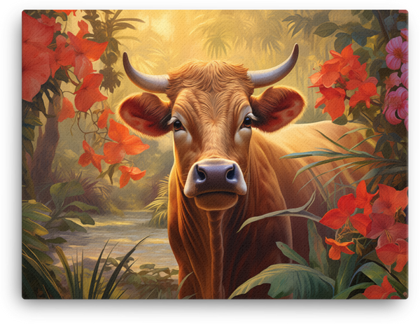 Tropical Twilight Cow Canvas Wall Art