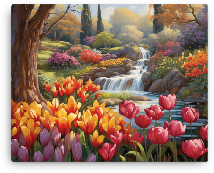 Tulip Paradise by the Waterfall Canvas Wall Art wall art