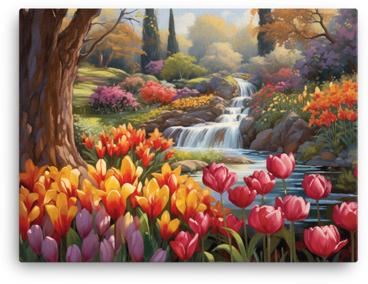 Tulip Paradise by the Waterfall Canvas Wall Art wall art