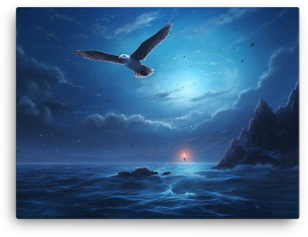 Twilight Flight Over Ocean Canvas Wall Art