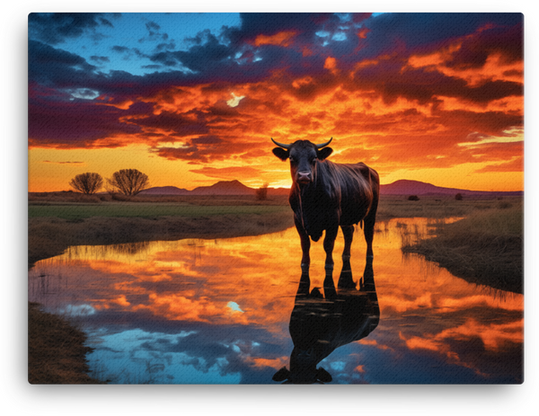 Twilight Reflection Cow Canvas Wall Art