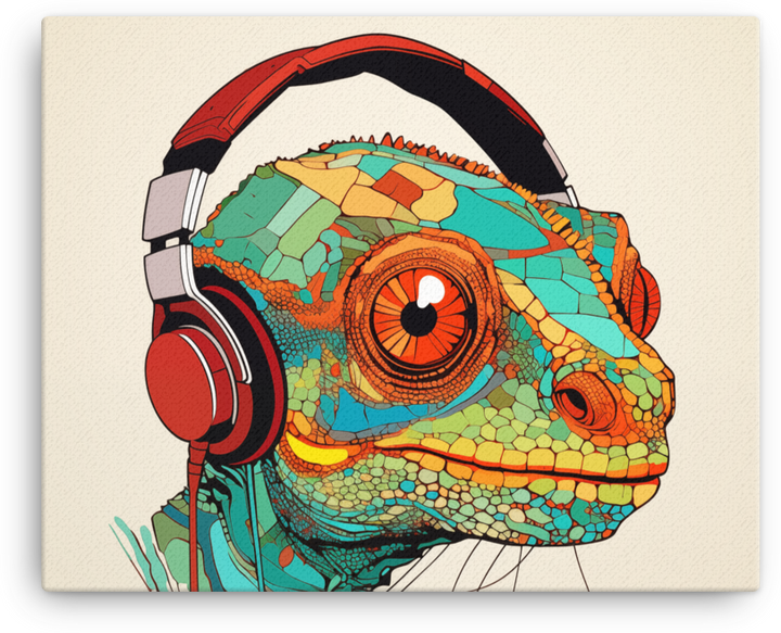 Vibrant Chameleon with Headphones Illustration Canvas