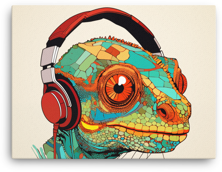 Vibrant Chameleon with Headphones Illustration Canvas