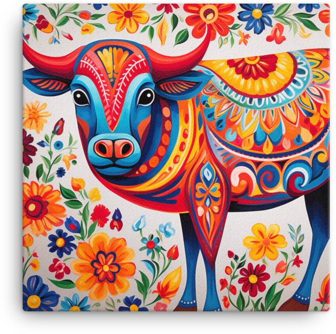 Vibrant Folk Art Cow Canvas Wall Art