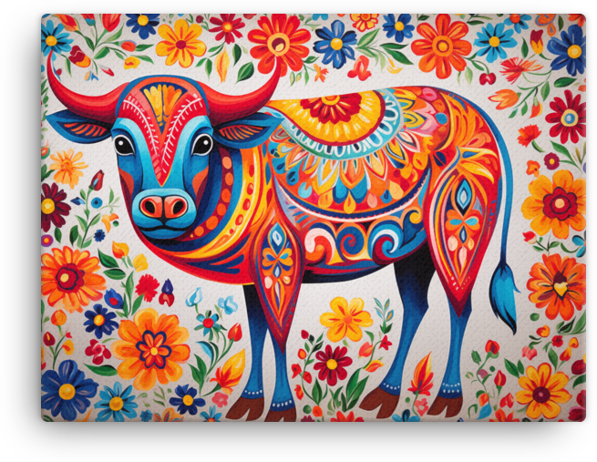 Vibrant Folk Art Cow Canvas Wall Art