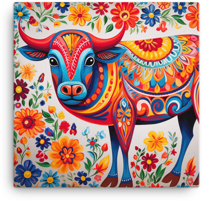 Vibrant Folk Art Cow Canvas Wall Art