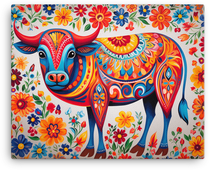 Vibrant Folk Art Cow Canvas Wall Art