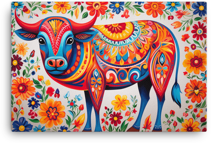 Vibrant Folk Art Cow Canvas Wall Art