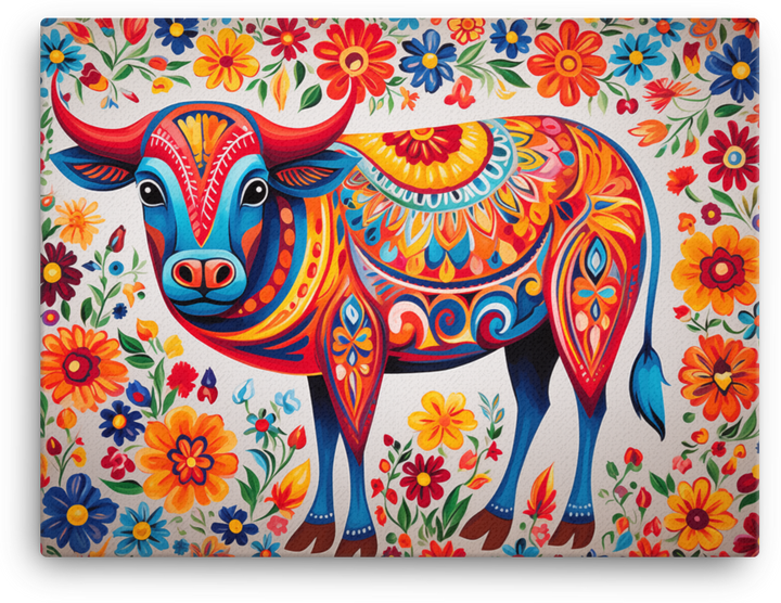 Vibrant Folk Art Cow Canvas Wall Art