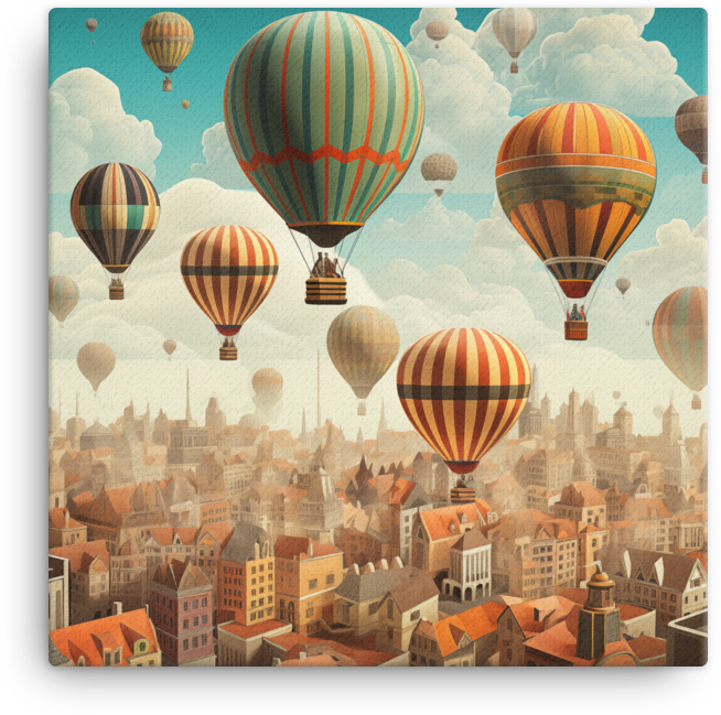 Vintage Balloons Over Old Town Rooftops Canvas