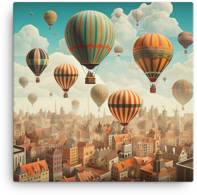 Vintage Balloons Over Old Town Rooftops Canvas