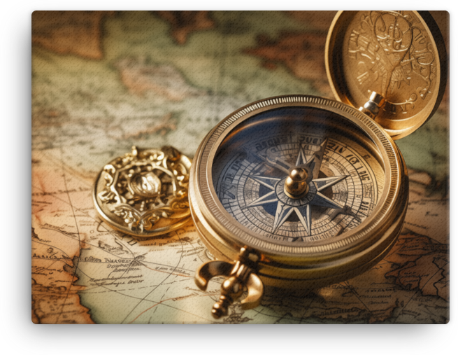 Vintage Navigational Compass on World Map Canvas
