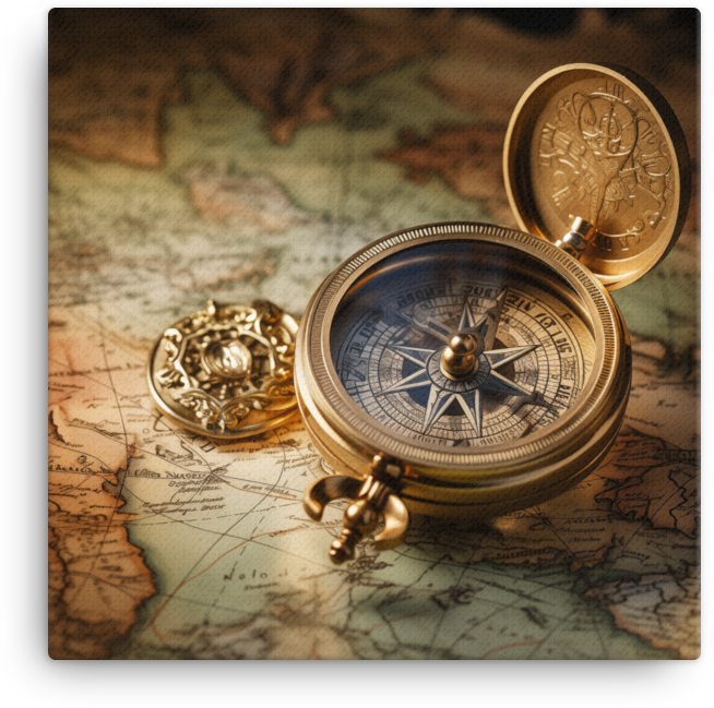 Vintage Navigational Compass on World Map Canvas