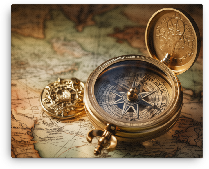 Vintage Navigational Compass on World Map Canvas