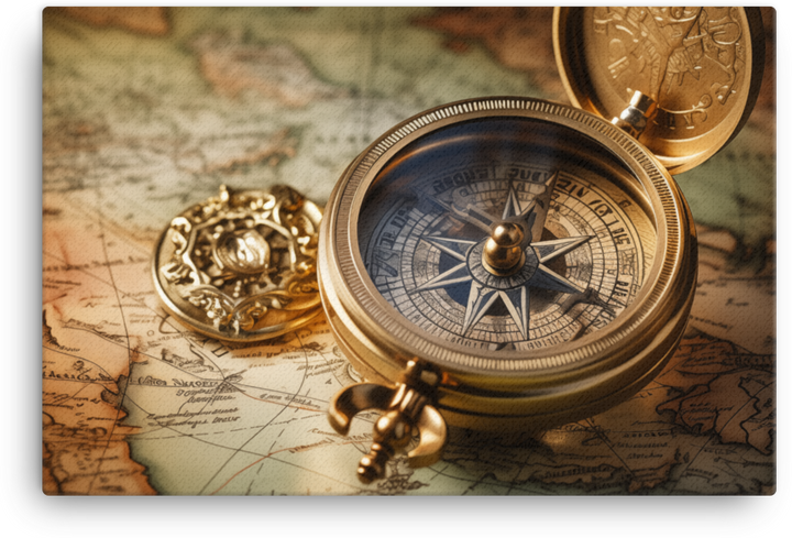 Vintage Navigational Compass on World Map Canvas