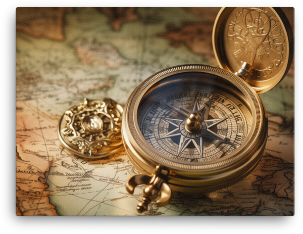 Vintage Navigational Compass on World Map Canvas