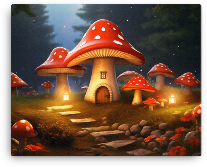 Whimsical Mushroom Cottage Canvas