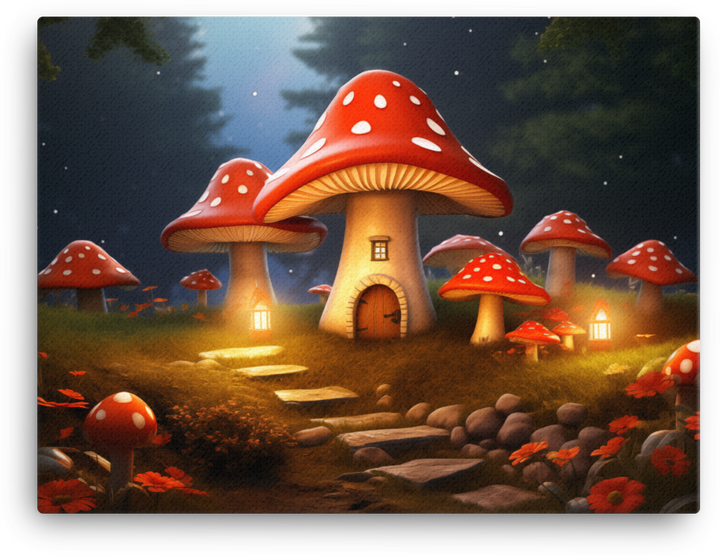 Whimsical Mushroom Cottage Canvas