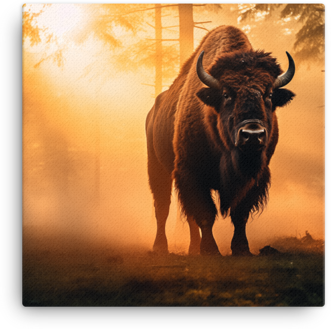 Misty Morning Bison Encounter Canvas Wall Art