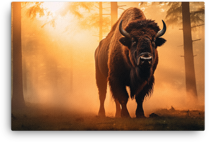 Misty Morning Bison Encounter Canvas Wall Art