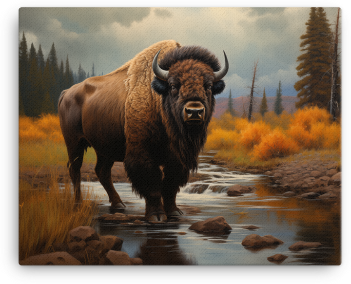Mountain Stream Bison Canvas Wall Art