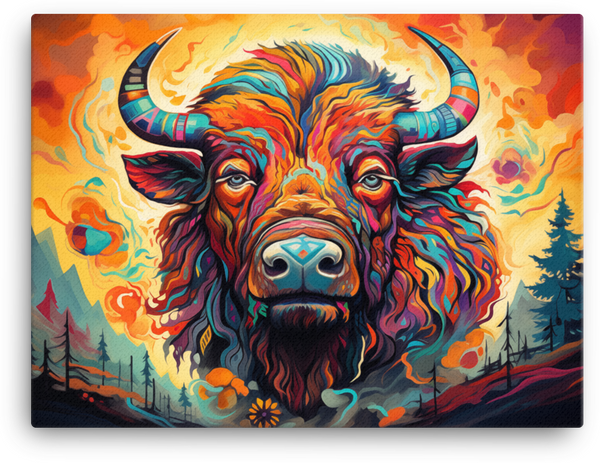 Psychedelic Forest Bison Portrait Canvas Wall Art